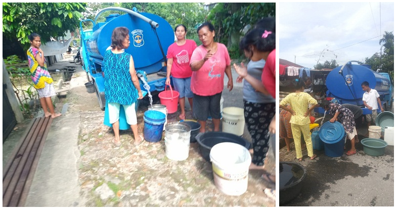 Tim mobil tangki PDAM Tirtauli sedang melayani warga yang mengalami gangguan aliran air bersih