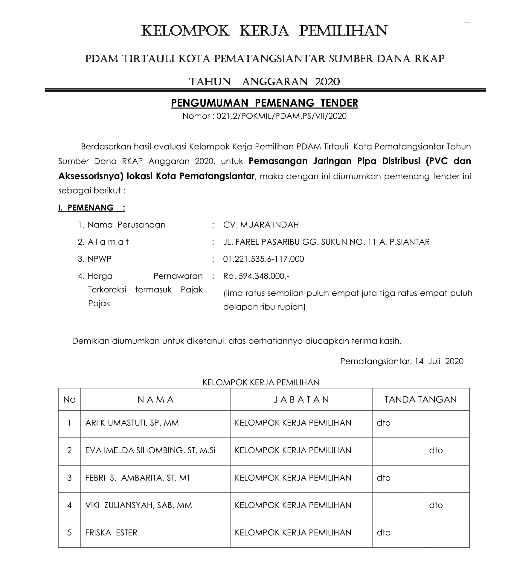 PENGUMUMAN PEMENANG LELANG PENGADAAN