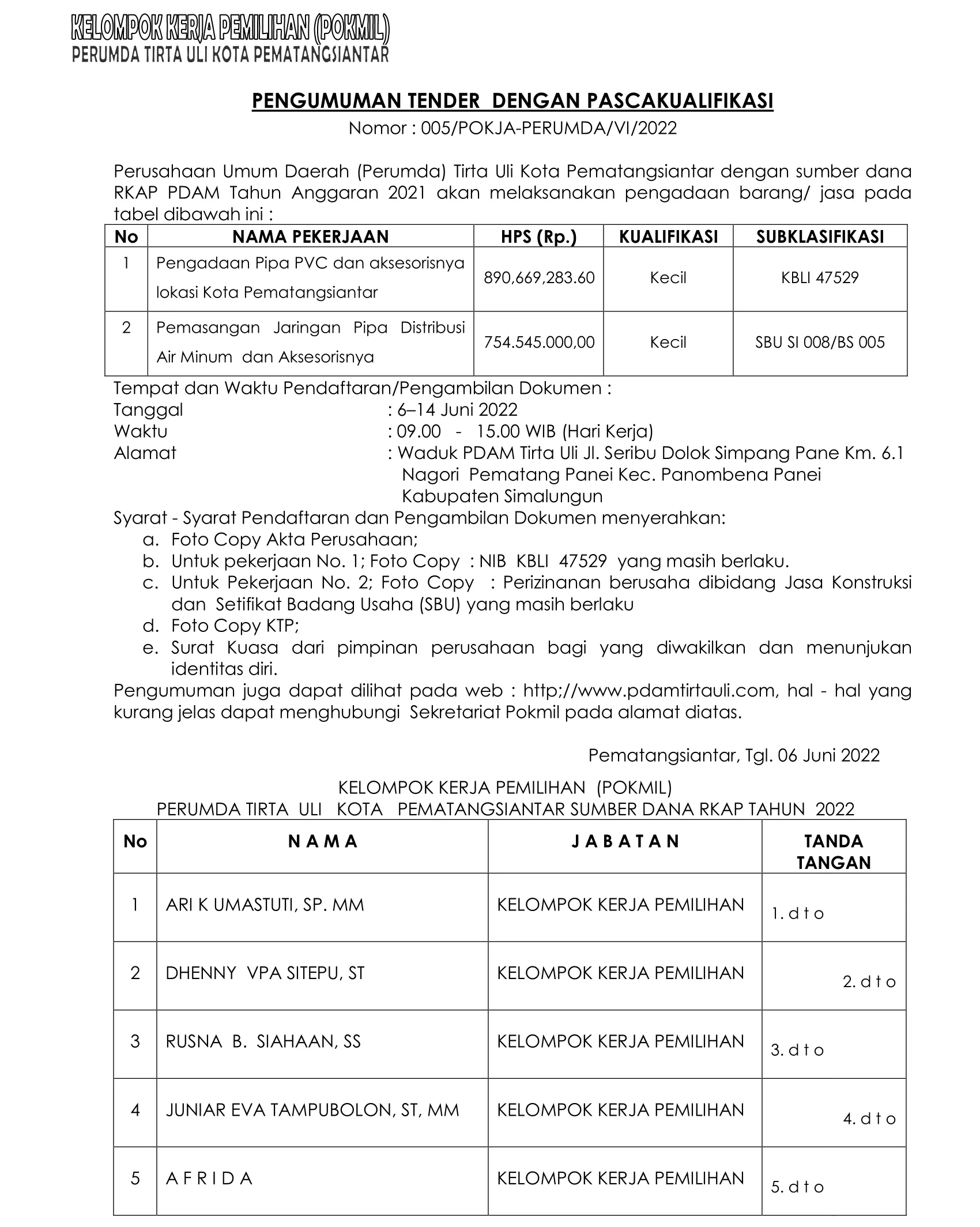 PENGUMUMAN TENDER DENGAN PASCAKUALIFIKASI, Nomor: 005/POKJA-PERUMDA/VI/2022