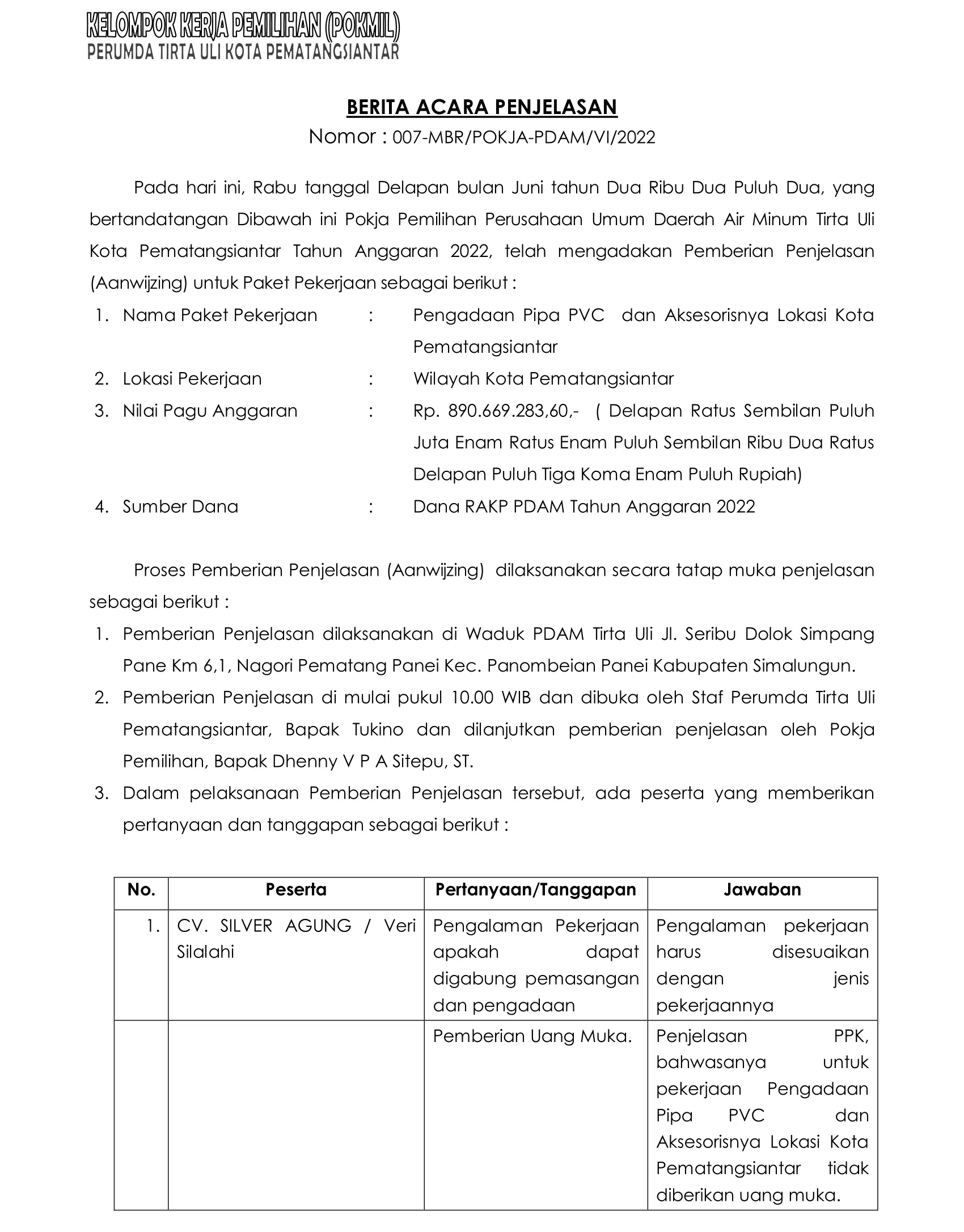 Berita Acara Penjelasan Pipa Tahun 2022