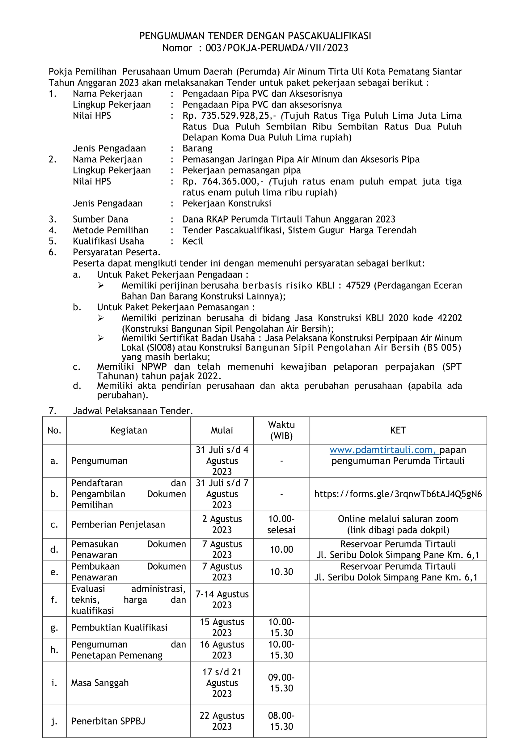 PENGUMUMAN TENDER DENGAN PASCAKUALIFIKASI Nomor : 003/POKJA-PERUMDA/VII/2023