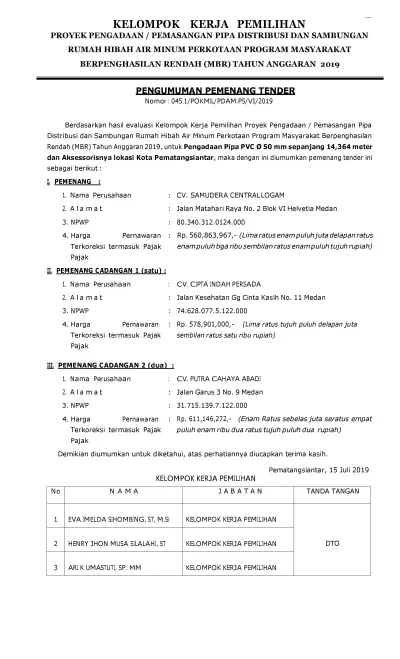 PENGUMUMAN PEMENANG TENDER PROGRAM HIBAH AIR MINUM (MBR) PDAM TIRTAULI TA.2019 PENGADAAN PIPA DISTRIBUSI PVC DAN AKSESORIES