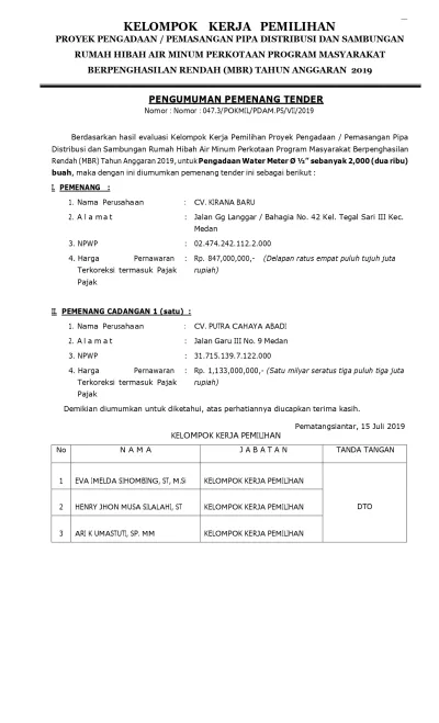 PENGUMUMAN PEMENANG TENDER PROGRAM HIBAH AIR MINUM (MBR) PDAM TIRTAULI TA.2019 PENGADAAN WATER METER