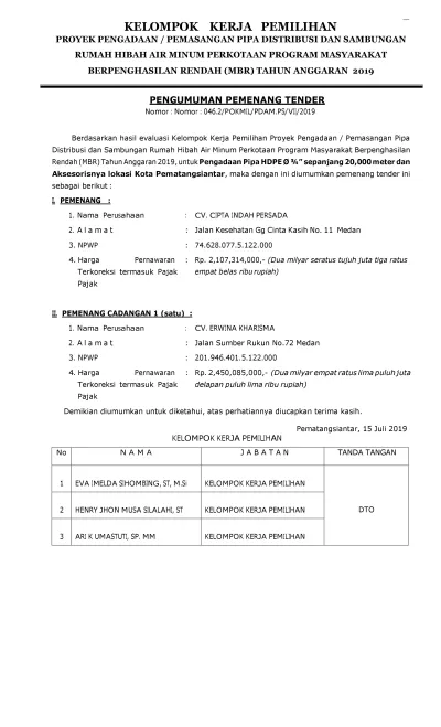 PENGUMUMAN PEMENANG TENDER PROGRAM HIBAH AIR MINUM (MBR) PDAM TIRTAULI TA.2019 PENGADAAN PIPA HDPE