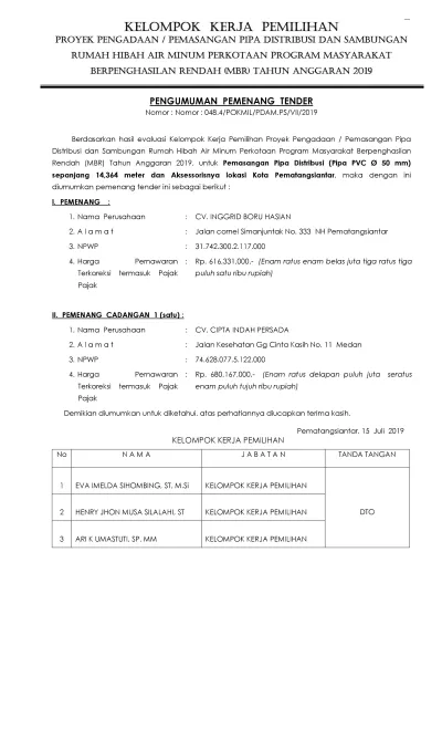 PENGUMUMAN PEMENANG TENDER PROGRAM HIBAH AIR MINUM (MBR) PDAM TIRTAULI TA.2019 PEMASANGAN PIPA DISTRIBUSI (PVC DIA 50 MM) DAN AKSESORIES