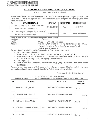 PENGUMUMAN TENDER DENGAN PASCAKUALIFIKASI, Nomor: 005/POKJA-PERUMDA/VI/2022