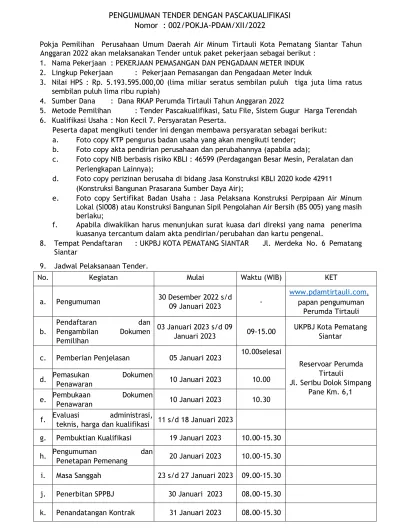 PENGUMUMAN TENDER DENGAN PASCA KULIFIKASI, Nomor: 002/POKJA-PDAM/XII/2022