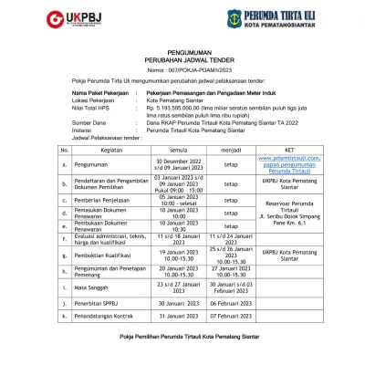 Pengumuman Jadwal Perubahan Tender