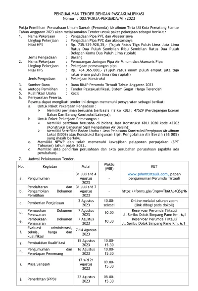 PENGUMUMAN TENDER DENGAN PASCAKUALIFIKASI Nomor : 003/POKJA-PERUMDA/VII/2023